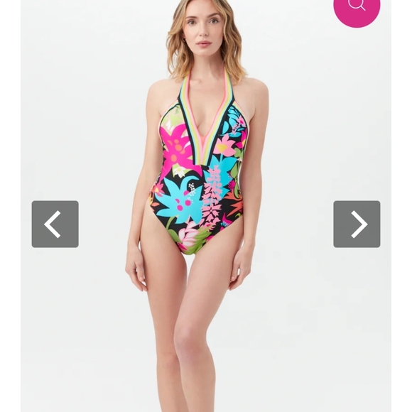 Trina Turk Size 12 Tiki Plunge V Neck Vibrant One Piece Swimsuit Halter Floral - Picture 13 of 14